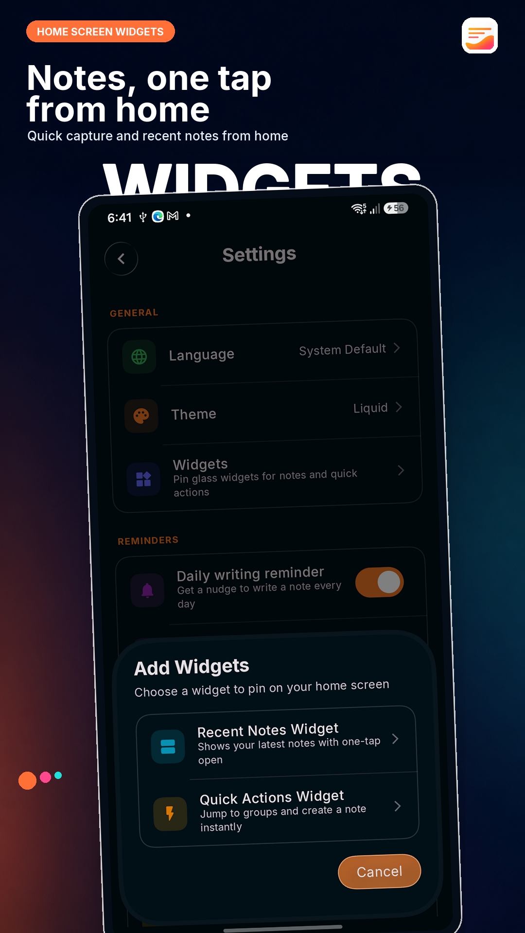 Access notes from customizable home screen widgets
